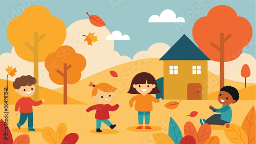 Group of children playing in the grass during autumn leaves