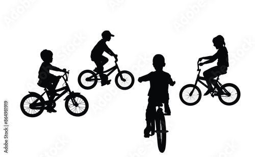 Little boys and girl riding bicycle vector silhouette illustration isolated. Kids enjoy in ride bike. Active children drive outdoor. Summer leisure time. Happy boys friends, brothers. Son and daughter