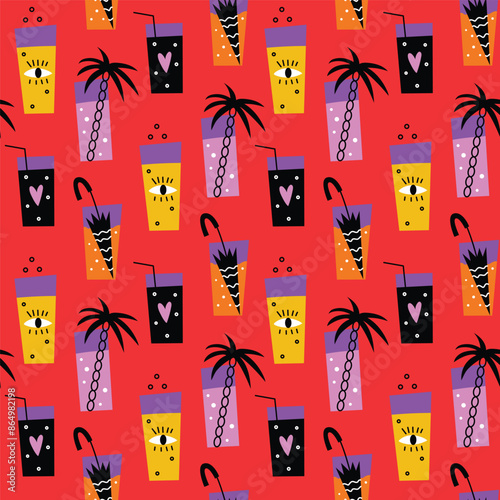 Vector seamless pattern with summer cocktalis on red background. Modern design for fabric and paper, surface textures. 