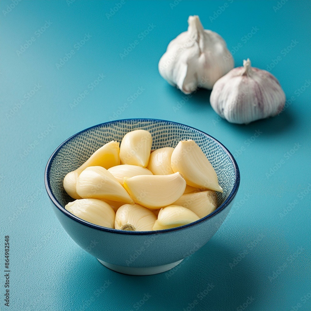Fresh peeled garlic in bowl on blue background Fresh peeled garlic in bowl on blue background