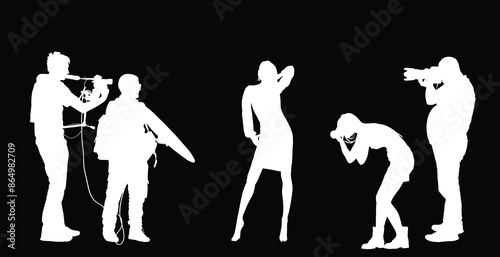 Handsome woman posing paparazzo crew photographers vector silhouette illustration isolated. Fashion pose attractive girl shape. Sexy lady. Female figure shadow. glamour top model. Cameraman on casting