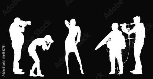 Handsome woman posing paparazzo crew photographers vector silhouette illustration isolated. Fashion pose attractive girl shape. Sexy lady. Female figure shadow. glamour top model. Cameraman on casting