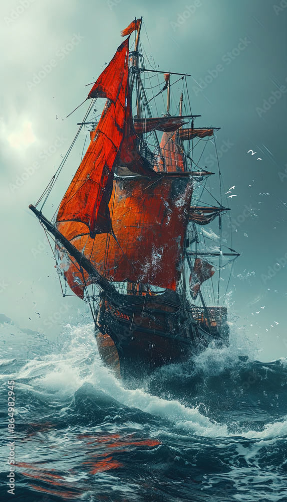 Obraz premium Seascape Of Ship Modern Flying Transparent Red Sails Background