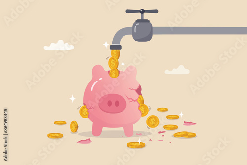 Money leaking, overspending or expense that reducing wealth or saving, fees or debt money loss, bankruptcy or poor, spending concept, faucet with money income flow into broken leaking piggy bank.