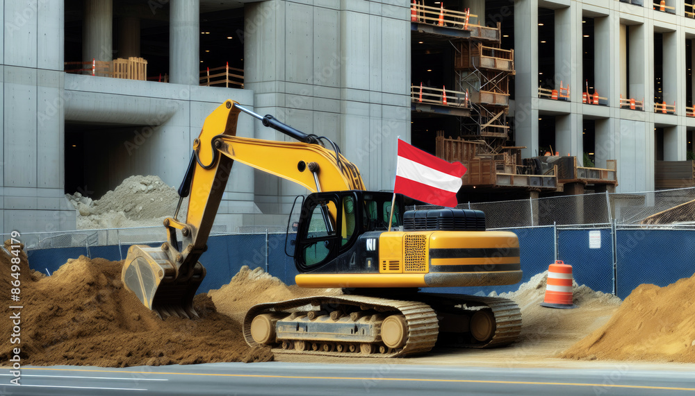 Yellow excavator at a construction site, proudly displaying the Austria flag, represents hard work and national pride Yellow excavator at a construction site, proudly displaying the Austria flag, represents hard work and national pride