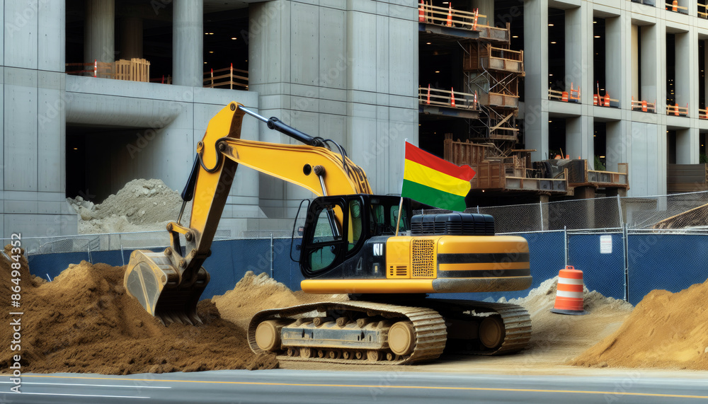 Yellow excavator at a construction site, proudly displaying the Bolivia flag, represents hard work and national pride Yellow excavator at a construction site, proudly displaying the Bolivia flag, represents hard work and national pride