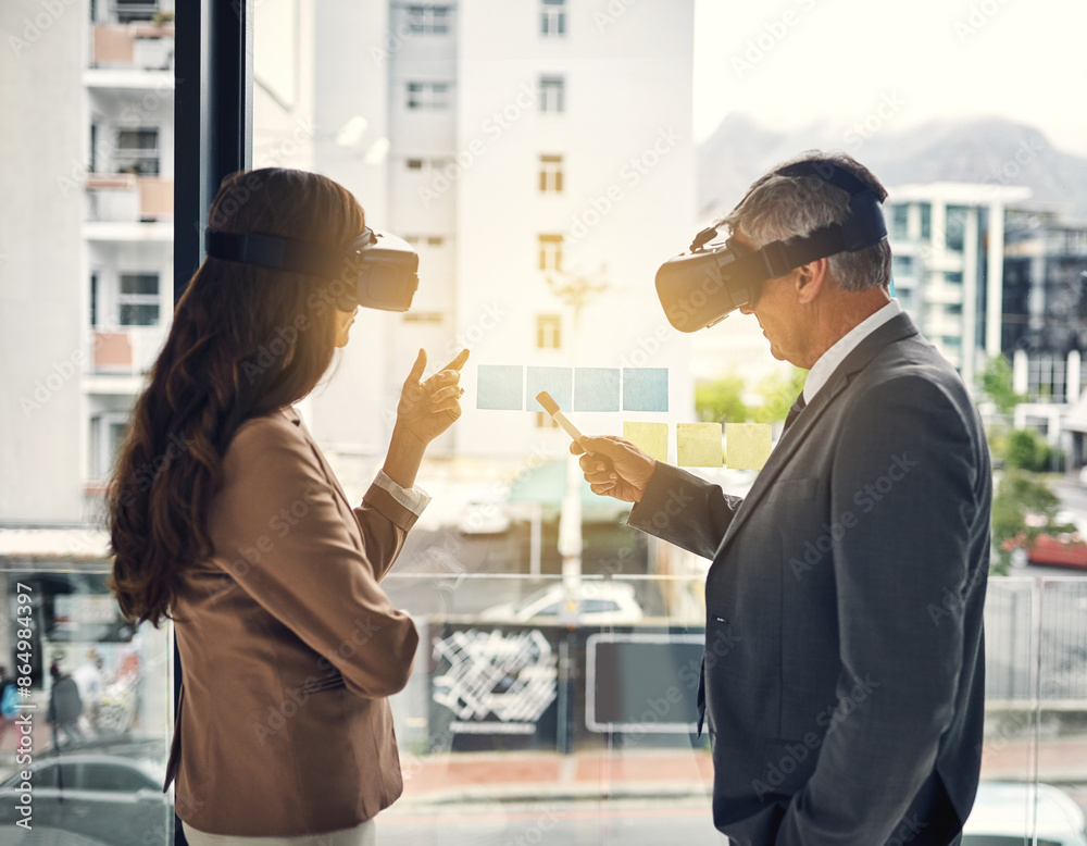 Office, vr headset and futuristic for woman with boss, online and discussion for virtual reality and simulation. Programmer, web and back of girl in business, vision and test of product with CEO Office, vr headset and futuristic for woman with boss, online and discussion for virtual reality and simulation. Programmer, web and back of girl in business, vision and test of product with CEO