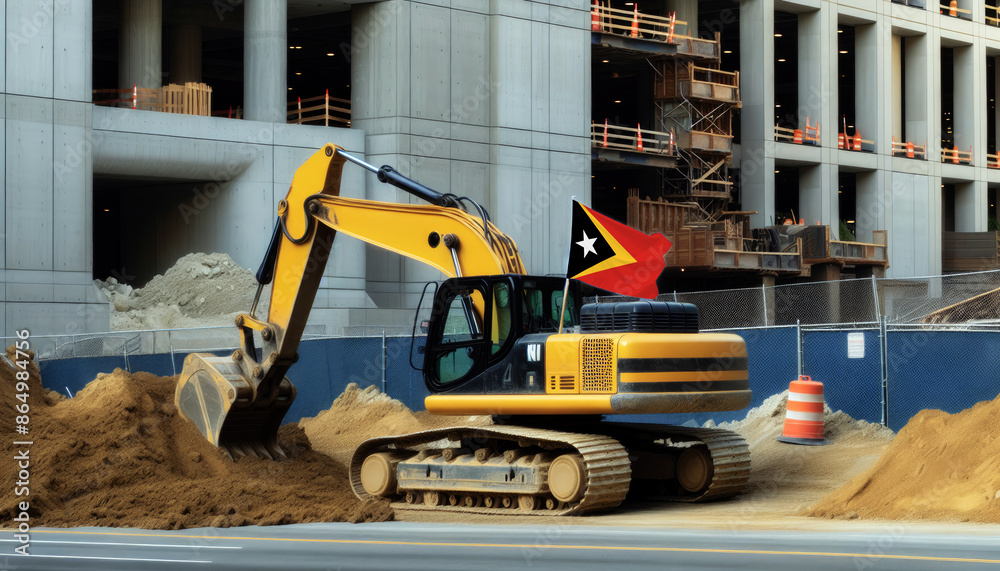 Yellow excavator at a construction site, proudly displaying the East Timor flag, represents hard work and national pride Yellow excavator at a construction site, proudly displaying the East Timor flag, represents hard work and national pride