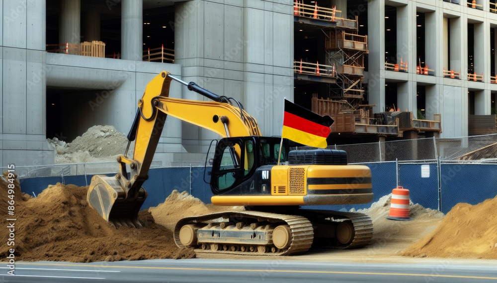 Yellow excavator at a construction site, proudly displaying the Germany flag, represents hard work and national pride Yellow excavator at a construction site, proudly displaying the Germany flag, represents hard work and national pride