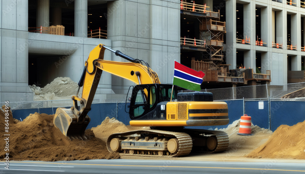 Yellow excavator at a construction site, proudly displaying the Gambia flag, represents hard work and national pride Yellow excavator at a construction site, proudly displaying the Gambia flag, represents hard work and national pride