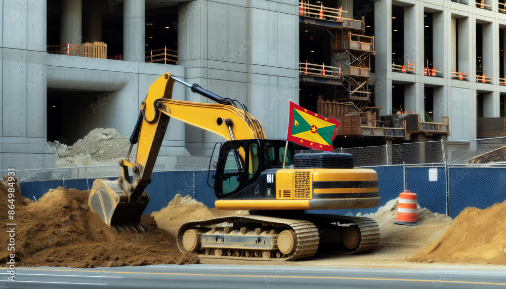 Yellow excavator at a construction site, proudly displaying the Grenada flag, represents hard work and national pride Yellow excavator at a construction site, proudly displaying the Grenada flag, represents hard work and national pride