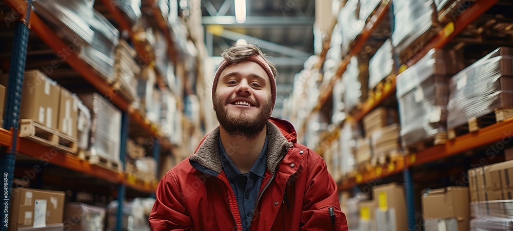 Cheerful young man with down syndrome working in a warehouse, social inclusion concept Cheerful young man with down syndrome working in a warehouse, social inclusion concept