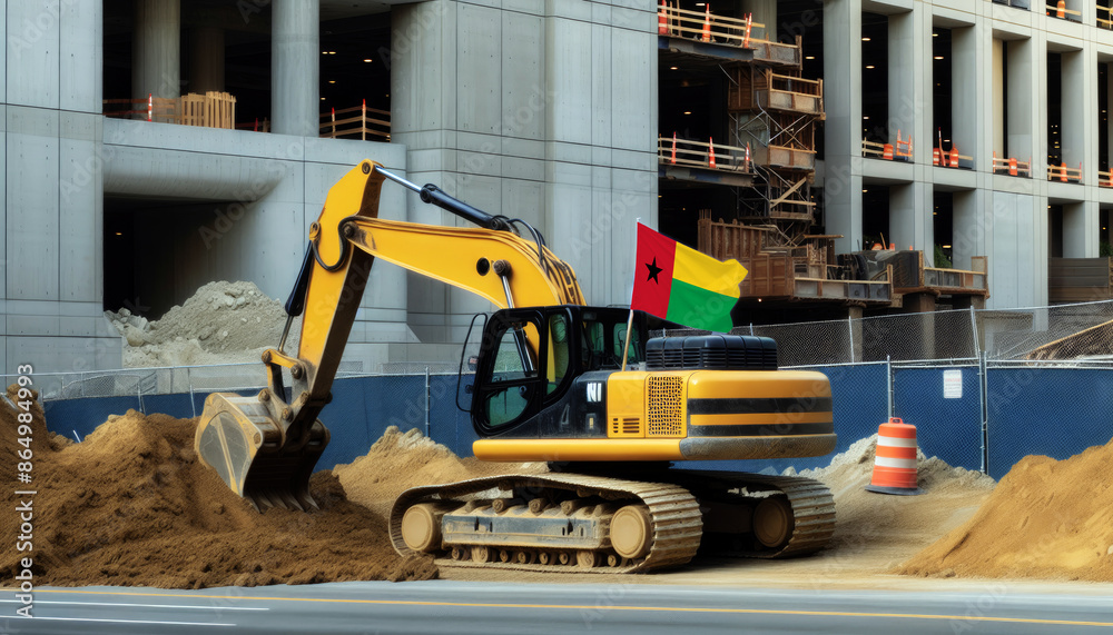 Yellow excavator at a construction site, proudly displaying the Guinea-Bissau flag, represents hard work and national pride Yellow excavator at a construction site, proudly displaying the Guinea-Bissau flag, represents hard work and national pride