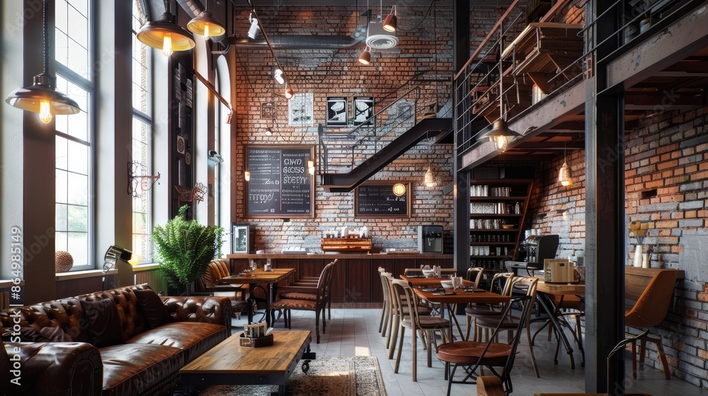 Modern cafe design interior with a brick wall. Loft design Modern cafe design interior with a brick wall. Loft design
