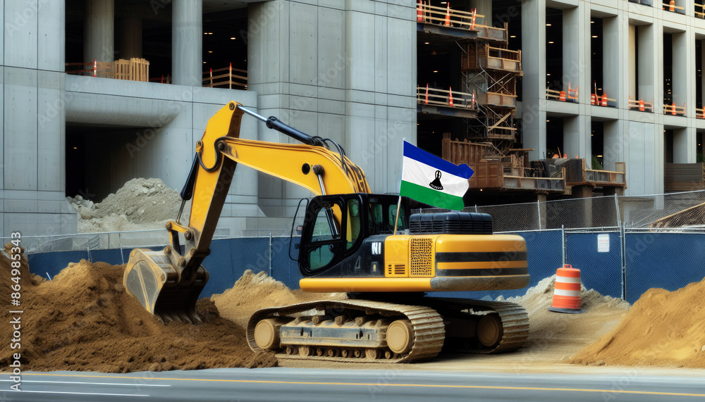 Yellow excavator at a construction site, proudly displaying the Lesotho flag, represents hard work and national pride Yellow excavator at a construction site, proudly displaying the Lesotho flag, represents hard work and national pride
