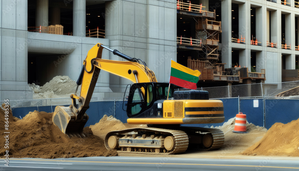 Yellow excavator at a construction site, proudly displaying the Lithuania flag, represents hard work and national pride Yellow excavator at a construction site, proudly displaying the Lithuania flag, represents hard work and national pride