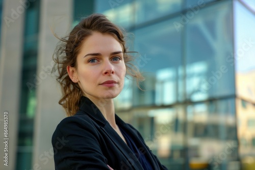 Business portrait of a female entrepreneur, posed in front of a modern building, with a serious and focused look