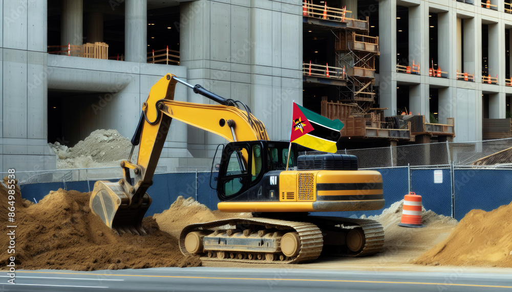 Yellow excavator at a construction site, proudly displaying the Mozambique flag, represents hard work and national pride Yellow excavator at a construction site, proudly displaying the Mozambique flag, represents hard work and national pride