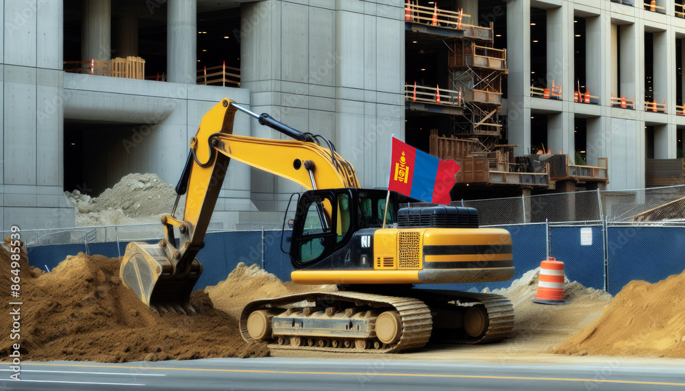 Yellow excavator at a construction site, proudly displaying the Mongolia flag, represents hard work and national pride Yellow excavator at a construction site, proudly displaying the Mongolia flag, represents hard work and national pride