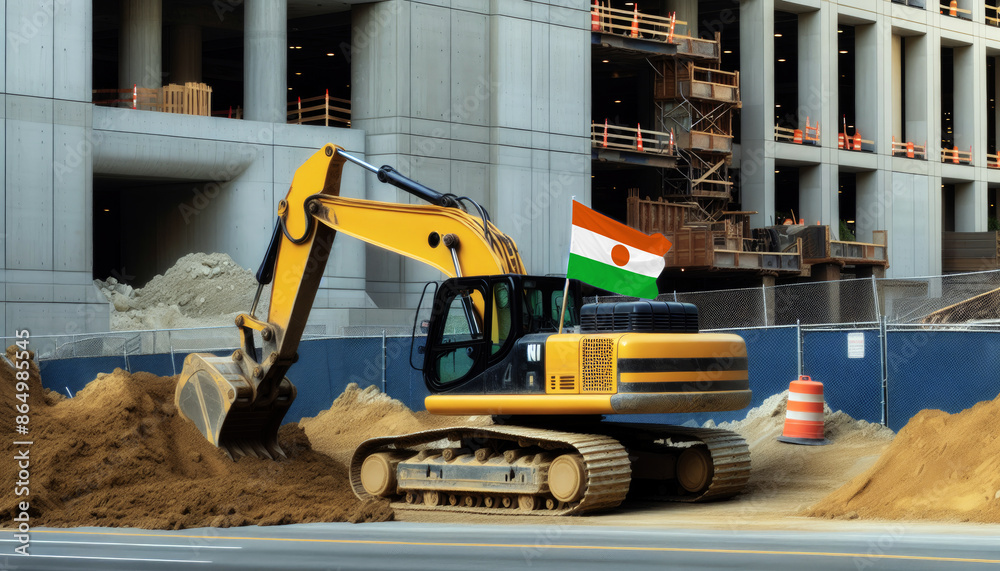 Yellow excavator at a construction site, proudly displaying the Niger flag, represents hard work and national pride Yellow excavator at a construction site, proudly displaying the Niger flag, represents hard work and national pride