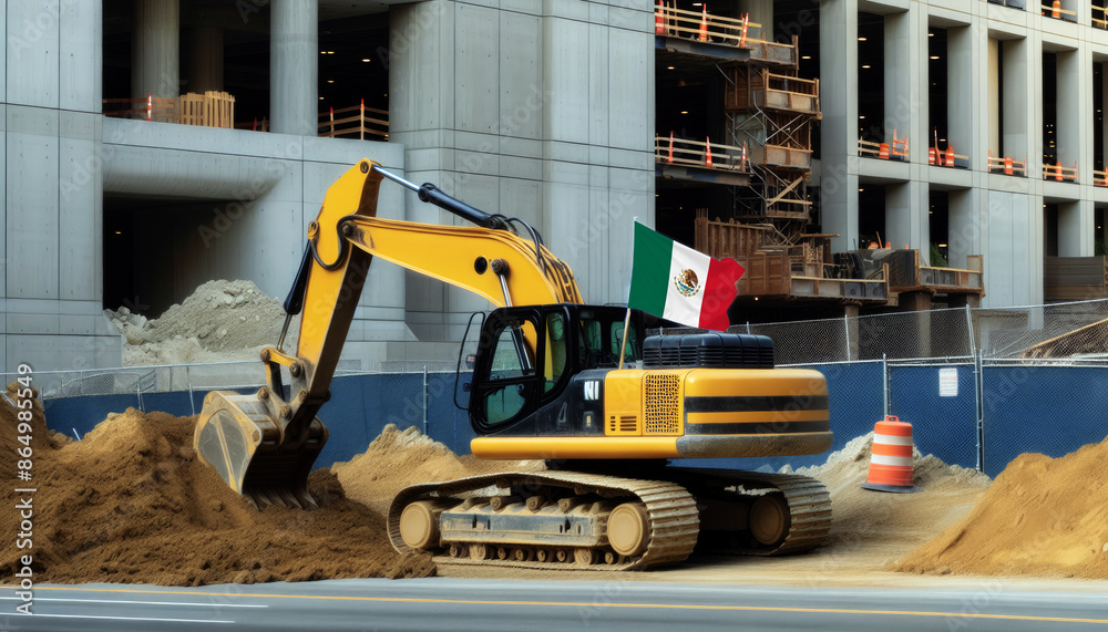 Yellow excavator at a construction site, proudly displaying the Mexico flag, represents hard work and national pride Yellow excavator at a construction site, proudly displaying the Mexico flag, represents hard work and national pride