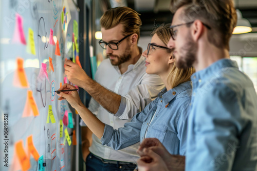 Business team members around a whiteboard, actively discussing ideas while placing colorful sticky notes