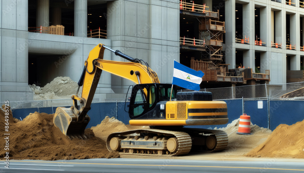 Yellow excavator at a construction site, proudly displaying the Nicaragua flag, represents hard work and national pride Yellow excavator at a construction site, proudly displaying the Nicaragua flag, represents hard work and national pride