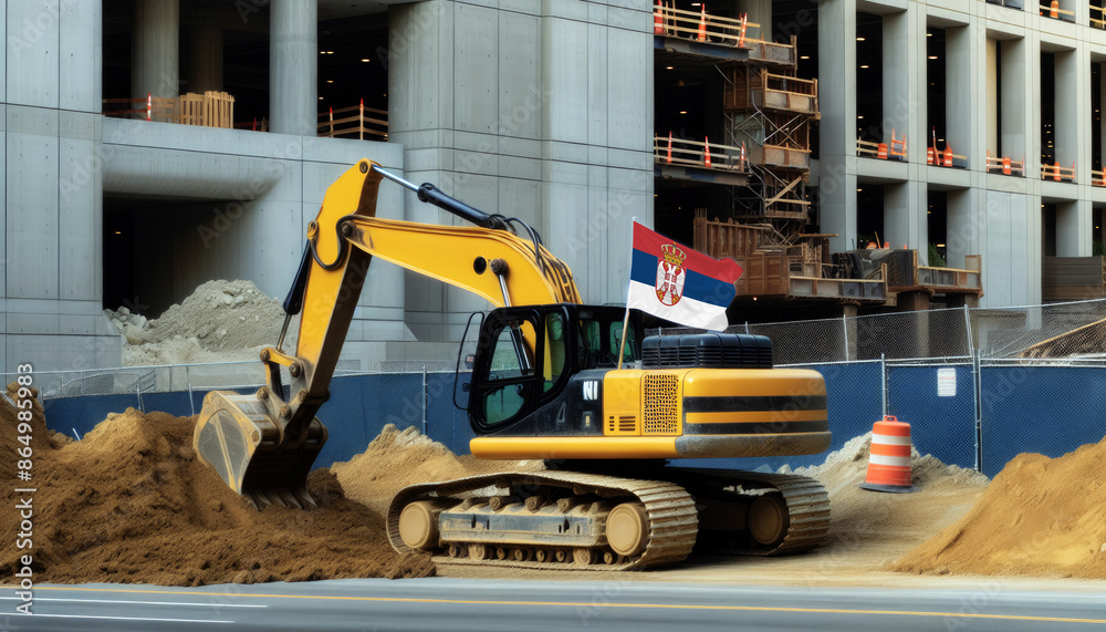 Yellow excavator at a construction site, proudly displaying the Serbia flag, represents hard work and national pride Yellow excavator at a construction site, proudly displaying the Serbia flag, represents hard work and national pride