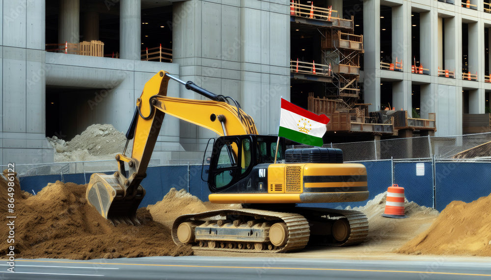 Yellow excavator at a construction site, proudly displaying the Tajikistan flag, represents hard work and national pride Yellow excavator at a construction site, proudly displaying the Tajikistan flag, represents hard work and national pride