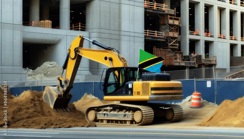 Yellow excavator at a construction site, proudly displaying the Tanzania flag, represents hard work and national pride Yellow excavator at a construction site, proudly displaying the Tanzania flag, represents hard work and national pride