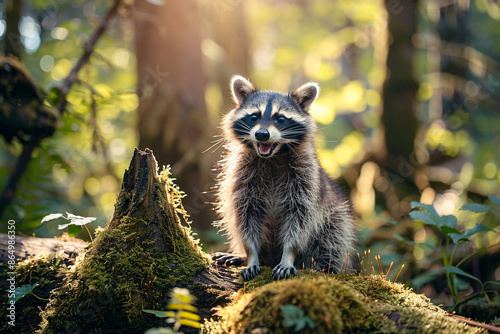 a raccoon standing on a mossy log in the woods photo