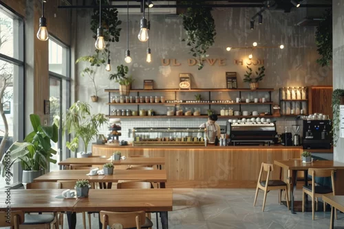 Obraz A stylish cafe with wood tables and a counter, natural light, and greenery