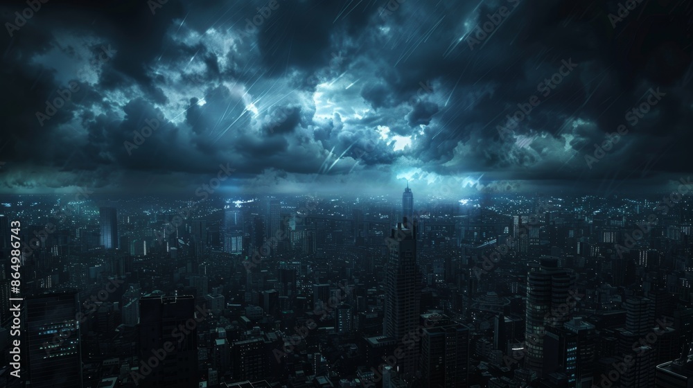 Futuristic Cyberpunk Cityscape in the Midst of a Severe Storm - Dark and Moody 3D Render Futuristic Cyberpunk Cityscape in the Midst of a Severe Storm - Dark and Moody 3D Render