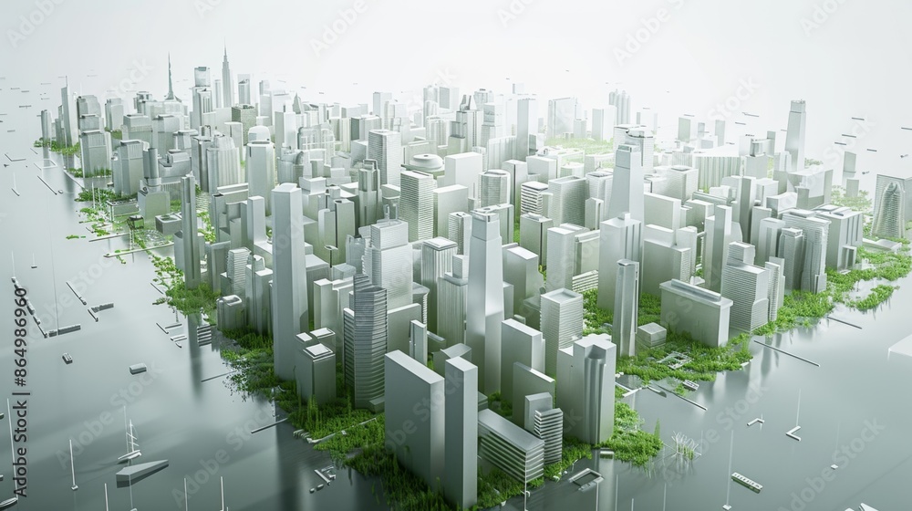 Obraz premium Futuristic Urban Planning for Climate Resilience in Green and Grey Tones - 3D Rendered Cityscape Concept