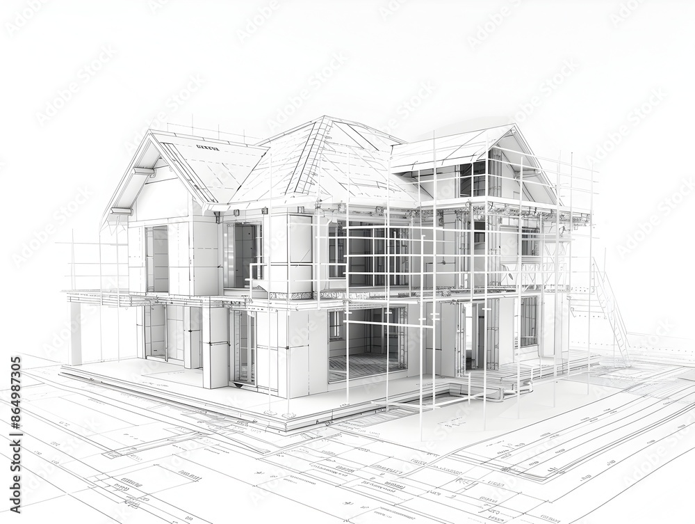 Architectural Blueprint Showcasing Structural House Components in Minimal Wireframe Design Architectural Blueprint Showcasing Structural House Components in Minimal Wireframe Design