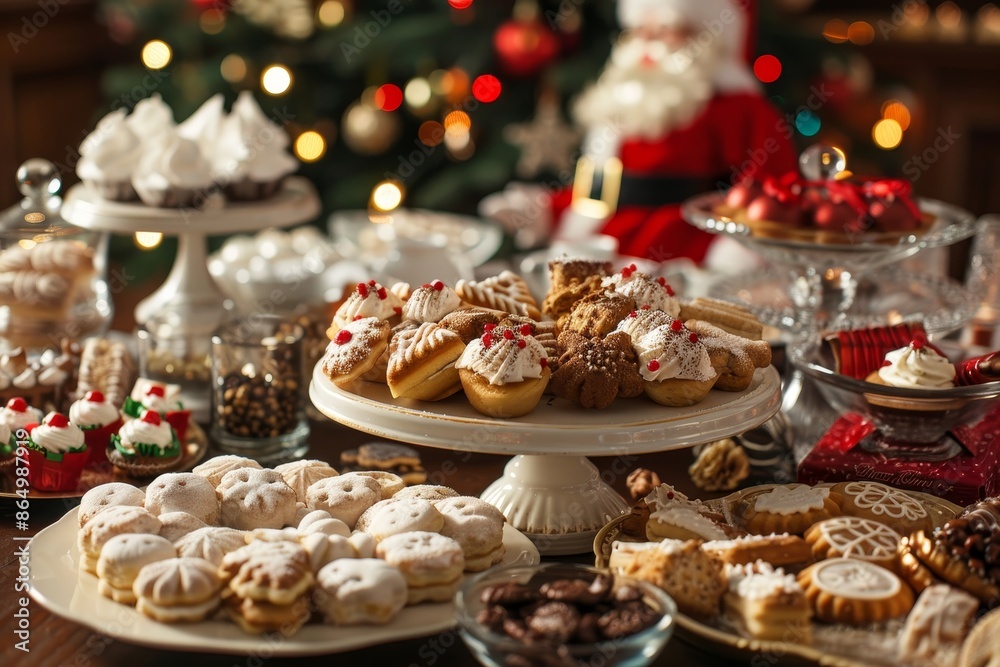 A table covered in a variety of cookies and pastries, a feast fit for Santa Claus himself, A table set with delicious treats for Santa Claus A table covered in a variety of cookies and pastries, a feast fit for Santa Claus himself, A table set with delicious treats for Santa Claus
