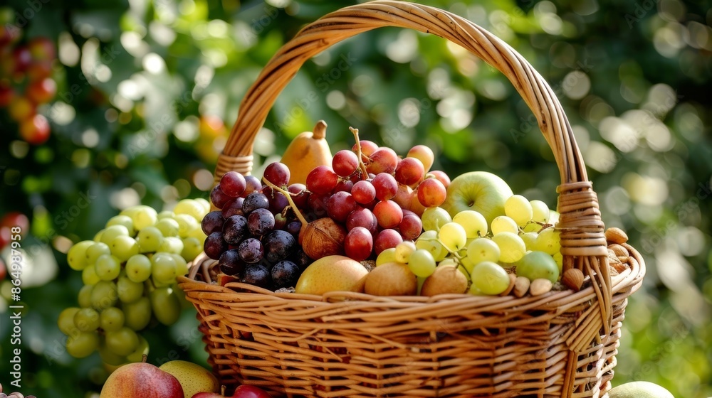 A picnic basket is filled with organic fruits nuts and seeds ready to be enjoyed in the great outdoors. A picnic basket is filled with organic fruits nuts and seeds ready to be enjoyed in the great outdoors.