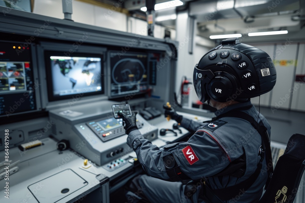Military personnel using VR technology in a high-tech control room ...