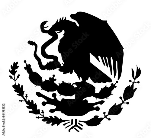 Mexico coat of arms, seal, national emblem vector isolated. Coat of arms of Mexico silhouette illustration. Heraldic eagle with snake in beak shape shadow. Mexico banner patriotic sign.