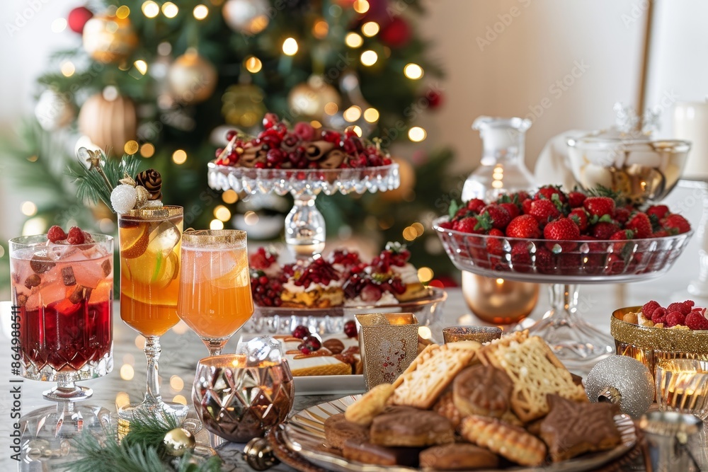 A table adorned with plates of holiday food and drinks beside a decorated Christmas tree, A table set with holiday treats and cocktails A table adorned with plates of holiday food and drinks beside a decorated Christmas tree, A table set with holiday treats and cocktails