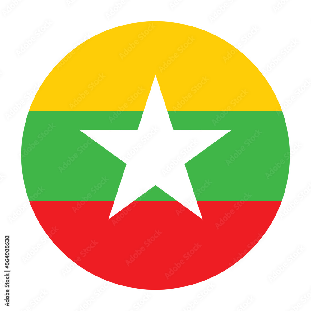 Circle badge Myanmar flag button vector illustration isolated. Burma flag national symbol. Asian country. Roundel Myanmar flag emblem banner. Heraldic sign. Circle badge Myanmar flag button vector illustration isolated. Burma flag national symbol. Asian country. Roundel Myanmar flag emblem banner. Heraldic sign.