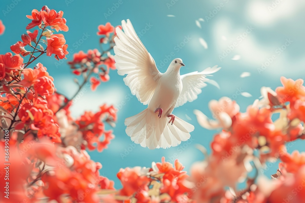 A dove, pigeon flies against the background of a sunny sky and beautiful flowers A dove, pigeon flies against the background of a sunny sky and beautiful flowers