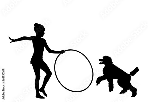 Little girl plays with a dog vector silhouette illustration isolated on white background. Dog jumps through a hoop funny game circus attraction. Public entertainment. Animator show exhibition with pet