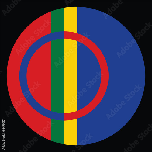 Circle badge Sami people flag button vector illustration isolated. Finno Ugric people from Sweden and Norway territory. National symbol emblem roundel.