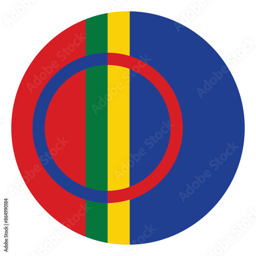 Circle badge Sami people flag button vector illustration isolated. Finno Ugric people from Sweden and Norway territory. National symbol emblem roundel.
