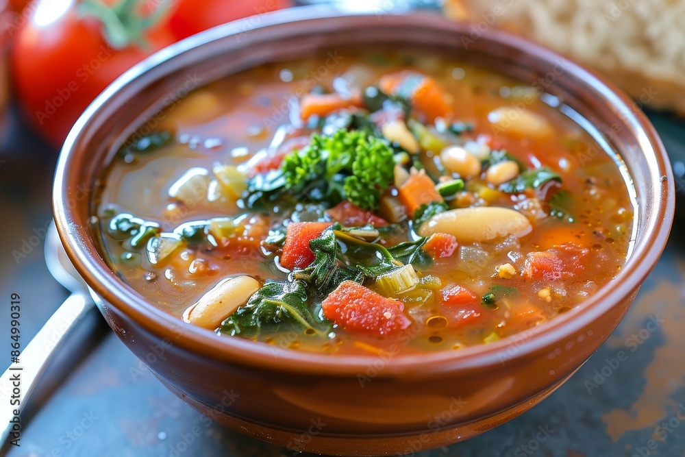 A bowl filled with vegetable soup, accompanied by a spoon for eating, A tantalizing bowl of rich and hearty minestrone soup