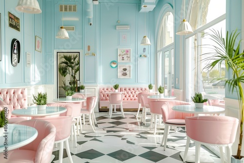 A light and airy cafe interior with pink seating and a checkered floor