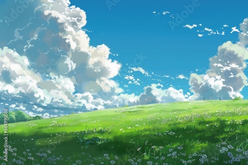 Grass Field landscape with blue sky and white cloud. Blue sky clouds sunny day wallpaper. Cartoon illustration of a Grass Field with blue sky in Summer. green field in a day.