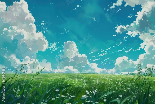 Grass Field landscape with blue sky and white cloud. Blue sky clouds sunny day wallpaper. Cartoon illustration of a Grass Field with blue sky in Summer. green field in a day.
