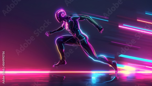 Neon Speed: A Futuristic AI Robot in Motion with Glowing Lines and Vibrant Lights